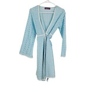 Lolita Jaca Eyelet Embroidered Mini Dress Blue Plunge V-Neck Tie Waist Size S/M